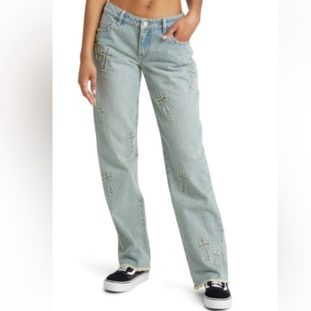 Austin Landing Mid Rise Straight Jean Embellished Grunge Indie Sleaze Edgy